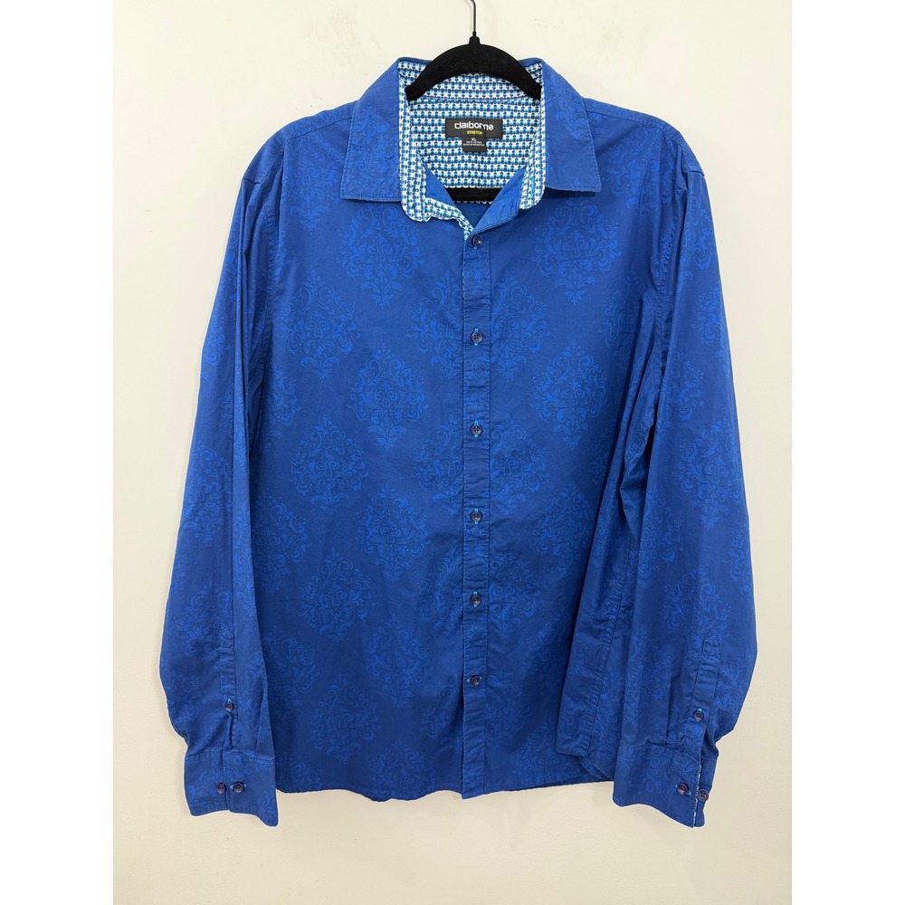 Claiborne Stretch Mens XL Royal Blue Damask Jacquard Long Sleeve Button Down